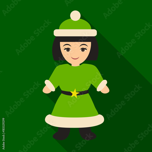 Flat icon with shadow Snow Maiden . Beautiful girl wearing long coat with white fur.