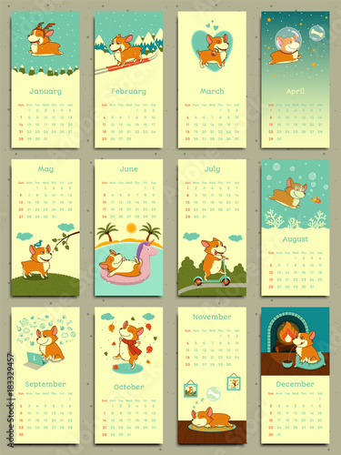 Calendar 2018. Cute monthly calendar with welsh corgi.