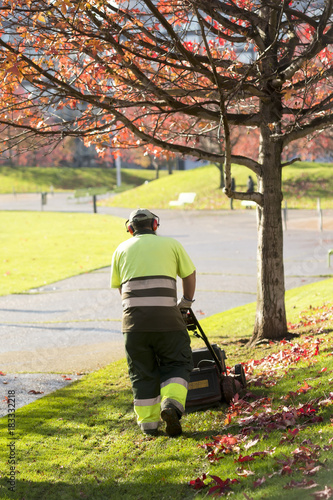 lawn mower grass service gardener in city park