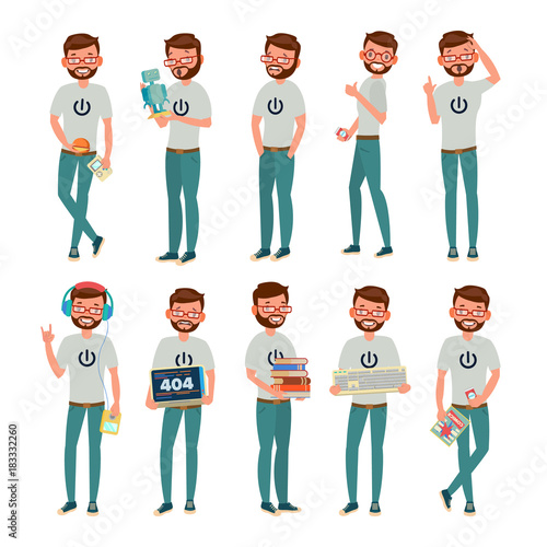 Geek Vector. Man. Isolated Flat Cartoon Character Illustration
