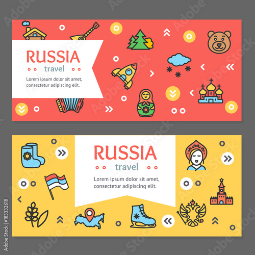 Russia Travel and Tourism Flyer Banner Posters Card Set. Vector