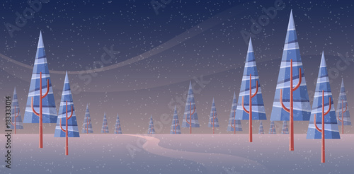 Abstract winter nature landscape with triangle pine trees in snowfall. Vector illustration for Christmas and winter holiday design
