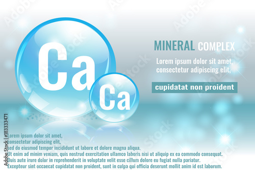 Mineral ca, calcium complex with chemical element symbol. Pharmaceutic, medical background with space for text.