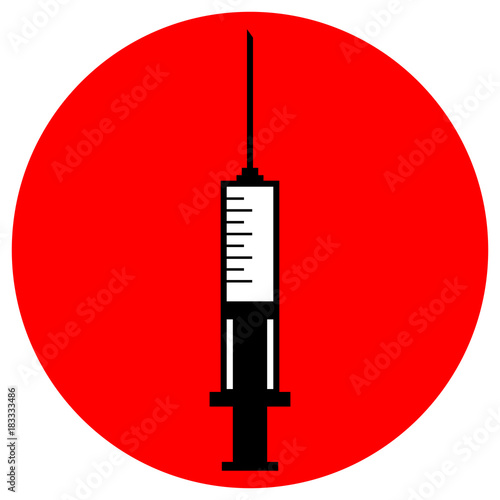 Medical syringe icon in red circle. Vector.