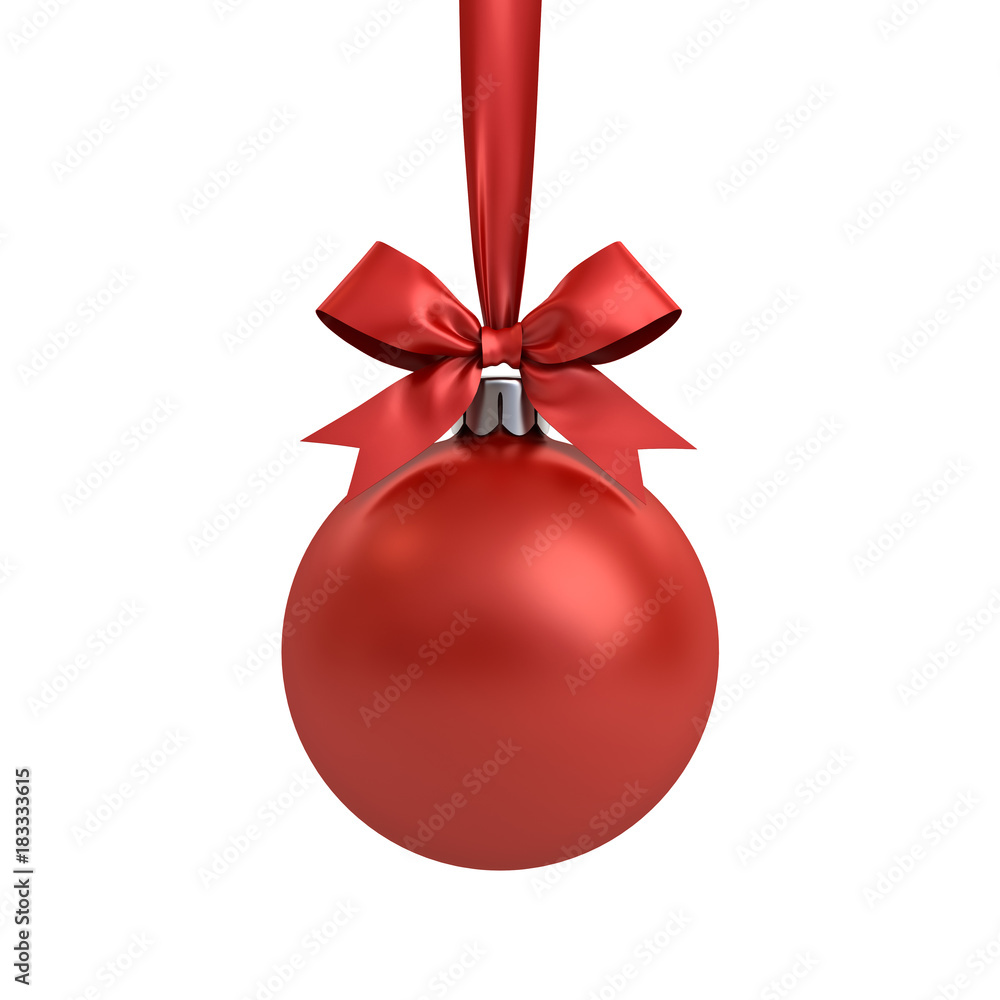 Red Christmas ball hanging with red ribbon and bow isolated on white background for christmas decoration . 3D rendering. Red Christmas ball hanging with red ribbon and bow isolated on white background for christmas decoration . 3D rendering.