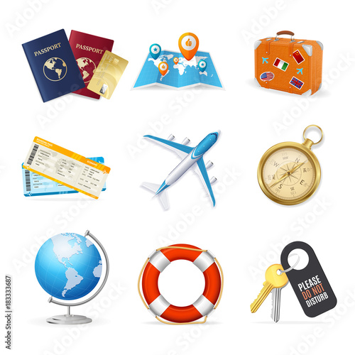 Realistic 3d Detailed Travel and Tourism Color Icon Set. Vector