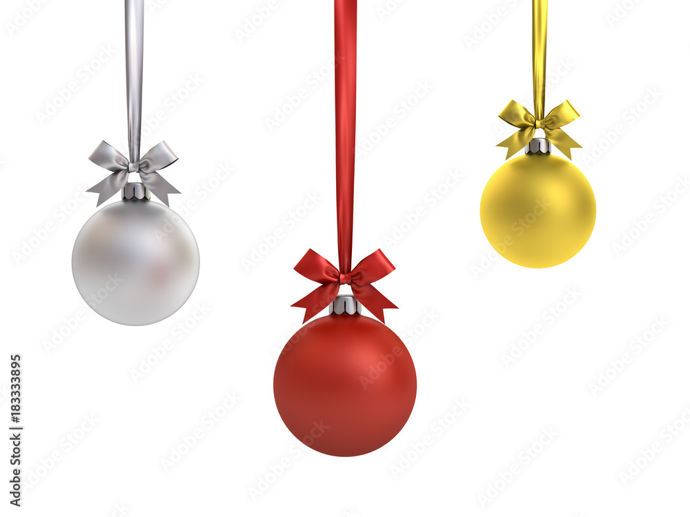 Christmas balls hanging with ribbon and bow isolated on white background for christmas decoration . 3D rendering. Christmas balls hanging with ribbon and bow isolated on white background for christmas decoration . 3D rendering.