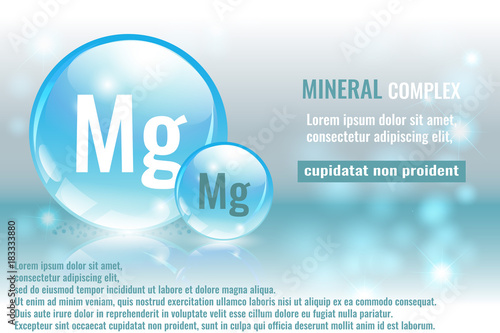 Mineral mg, Magnesium complex with chemical element symbol. Pharmaceutic, medical background with space for text.