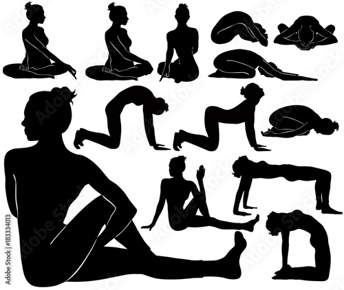 Silhouettes of woman doing yoga exercises.