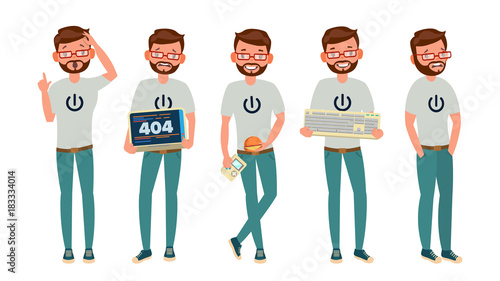 Classic Geek Man Vector. Funny Modern Geek. Sleuthing, Disguising. Flat Cartoon Illustration