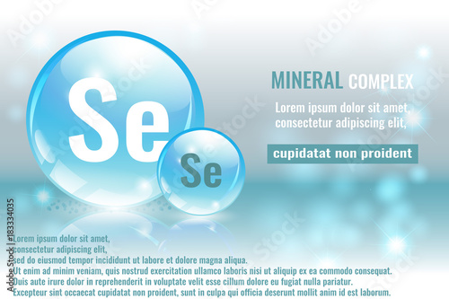 Mineral se, Selenium complex with chemical element symbol. Pharmaceutic, medical background with space for text.