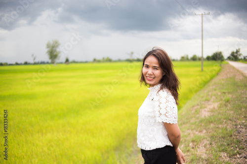 women asian in rice field