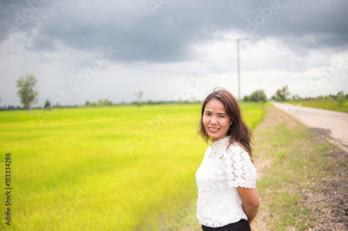 women asian in rice field