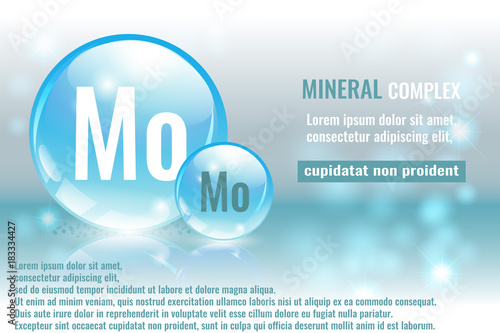 Mineral mo, Molybdaenum complex with chemical element symbol. Pharmaceutic, medical background with space for text.