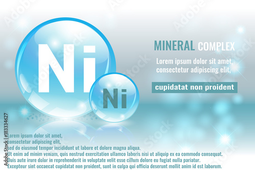 Mineral ni, Niccolum complex with chemical element symbol. Pharmaceutic, medical background with space for text.