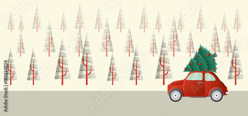 Little red car with Christmas tree on winter landscape with abstract geometric pine trees. Simple vector illustration for Christmas and winter holiday design