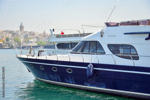 Modern Yacht and Galata Tower in Istanbul