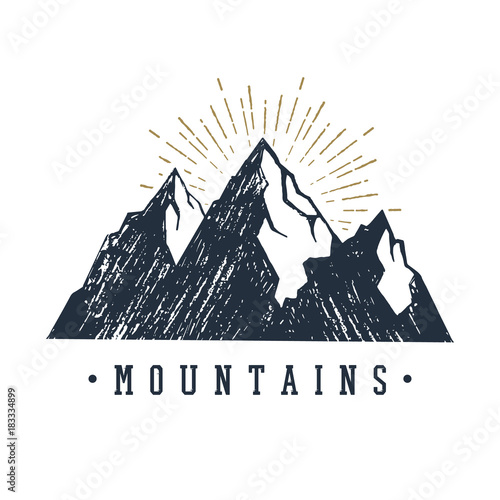 Photography Hand drawn inspirational label with mountains textured vector illustration and Mountains lettering