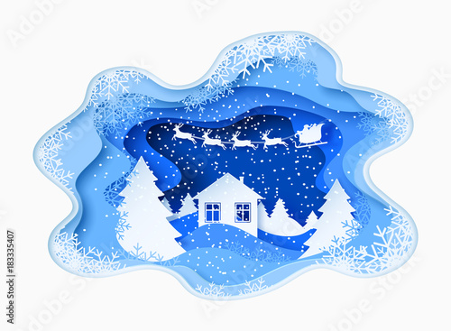 3d abstract paper cut illustration of winter landscape with pines, house, mountains and santa claus