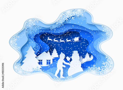 3d abstract paper cut illustration of boy building snowman and santa flying in the sky. Vector template