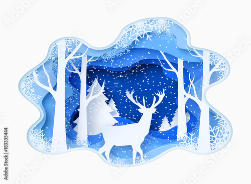 Winter 3d abstract paper cut illustration of snow and deer in the forest. Vector template