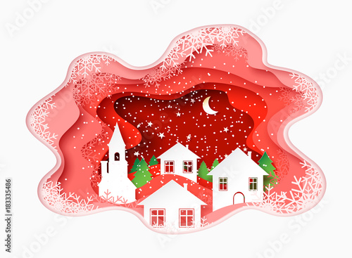 3d abstract paper cut illustration of winter, town, night, church and pines. Vector template