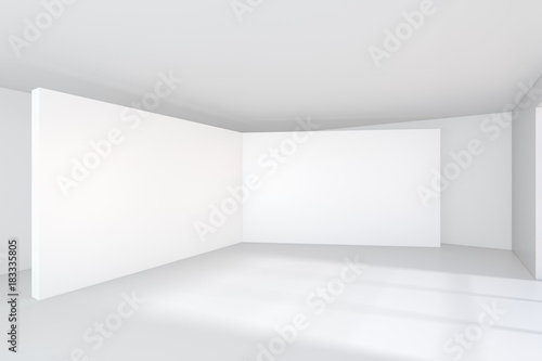 Large white billboard standing near a window in a white room. 3D rendering. © mirexon