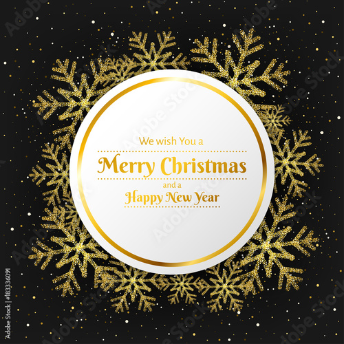Gold glitter snowflake frame with sparkles, on black background. Vector illustration for Christmas and New Year design and decoration