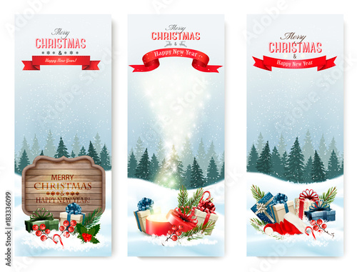 Merry Christmas Background with branches of tree and presents. Vector