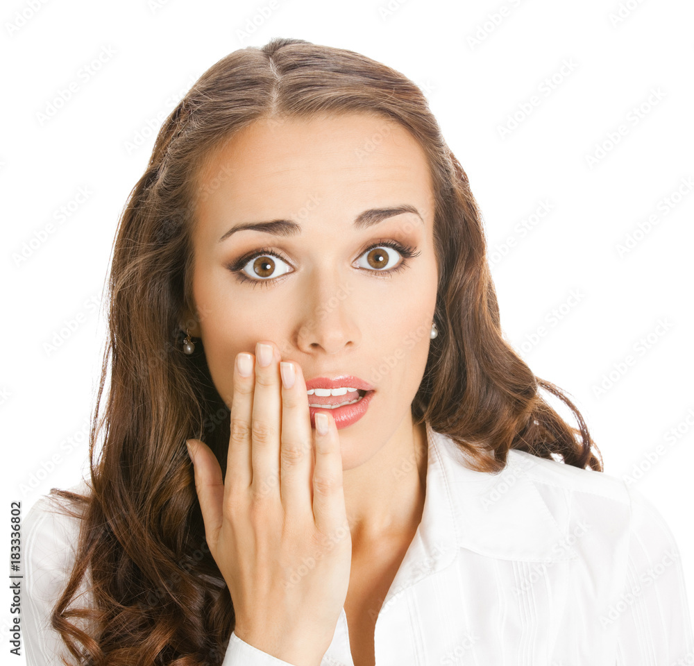 Business woman covering mouth, isolated Business woman covering mouth, isolated