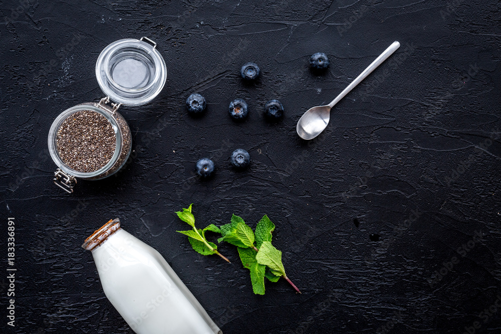Light dessert with chia seeds, yogurt, blueberry and mint. Black background top view copyspace Light dessert with chia seeds, yogurt, blueberry and mint. Black background top view copyspace