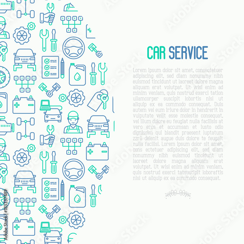 Car service concept with thin line icons of mechanic, computer diagnostics, tools, wheel, battery, transmission, jack. Modern vector illustration for banner, web page, print media.