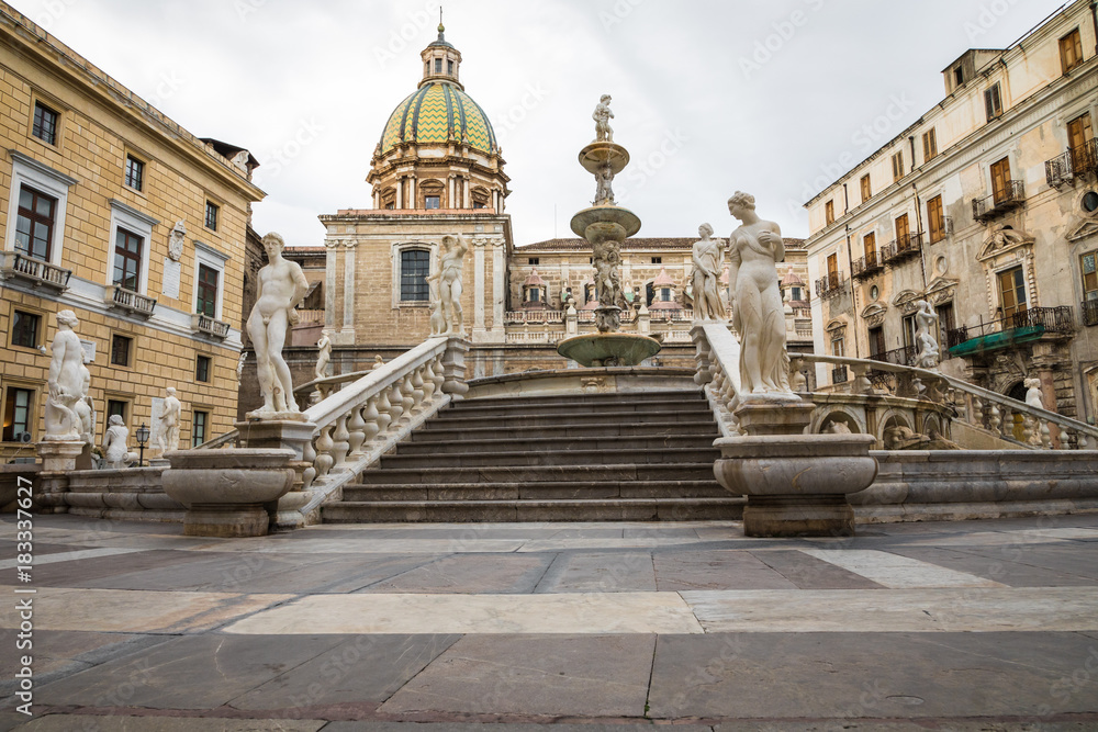 Famous fountain of shame on baroque Piazza Pretoria, Palermo, Sicily, Italy