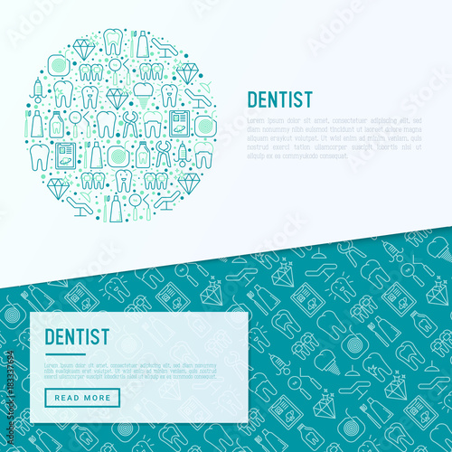 Dentist concept in circle with thin line icons of tooth, implant, dental floss, crown, toothpaste, medical equipment. Modern vector illustration for banner, web page, print media.