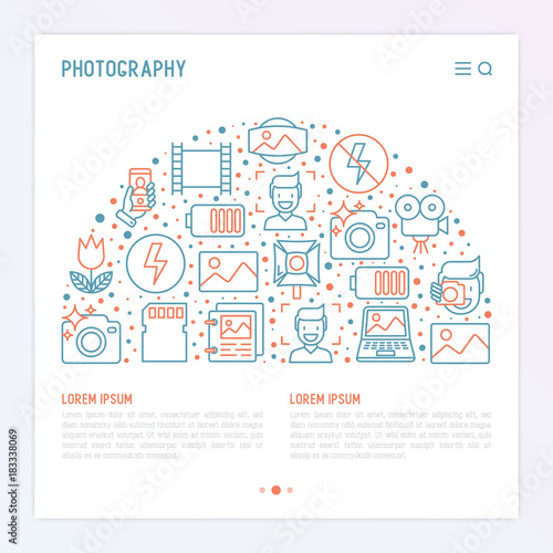 Photography concept in half circle with thin line icons of photographer, film, crop, flash, focus, light, panorama. Vector illustration for banner, web page, print media.
