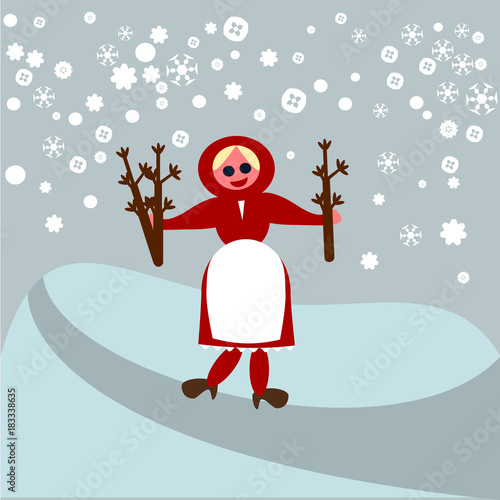 Feast of saint Barbara - girl wearing branches of a fruit tree in a snowy landscape