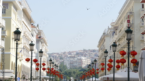 High view of Aristotle Square iwith lanterns n Thessaloniki, Greece photo