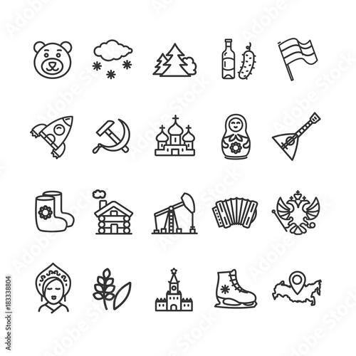 Russia Travel and Tourism Black Thin Line Icon Set. Vector