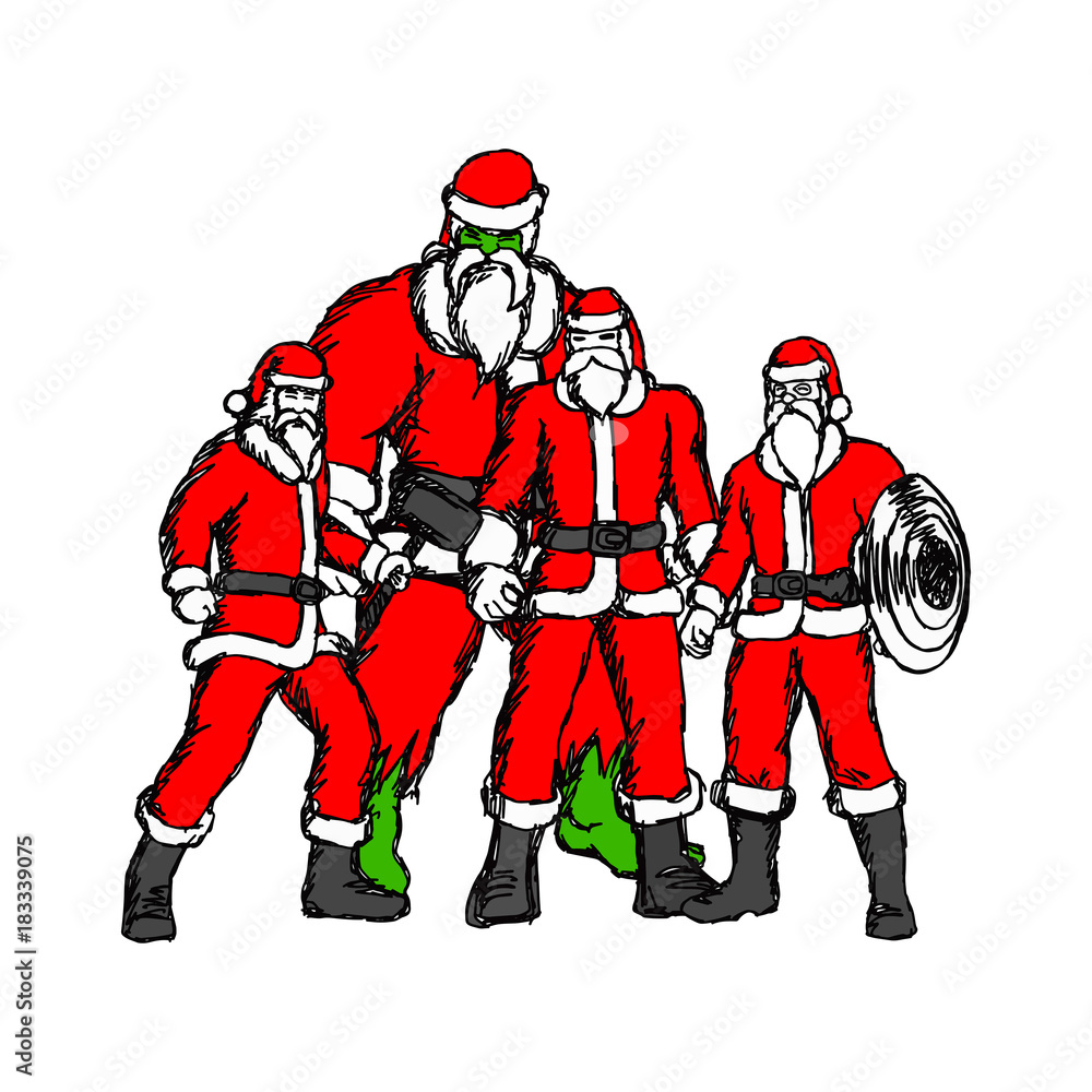 four people in Santa Claus costume vector illustration sketch hand drawn with black lines isolated on white background four people in Santa Claus costume vector illustration sketch hand drawn with black lines isolated on white background