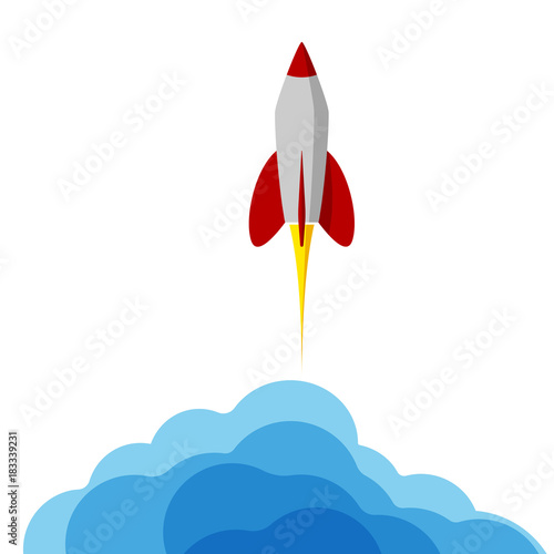 A rocket flying into space. Starting or starting an important project. The startup. Procurement for presentation