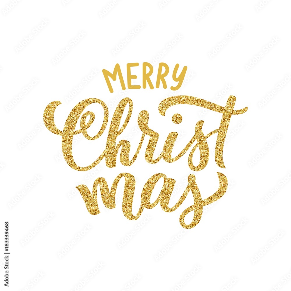 Hand lettering inscription Merry Christmas with golden glitter effect, isolated on white background. Ideal for festive postcards design. Vector type illustration. Hand lettering inscription Merry Christmas with golden glitter effect, isolated on white background. Ideal for festive postcards design. Vector type illustration.