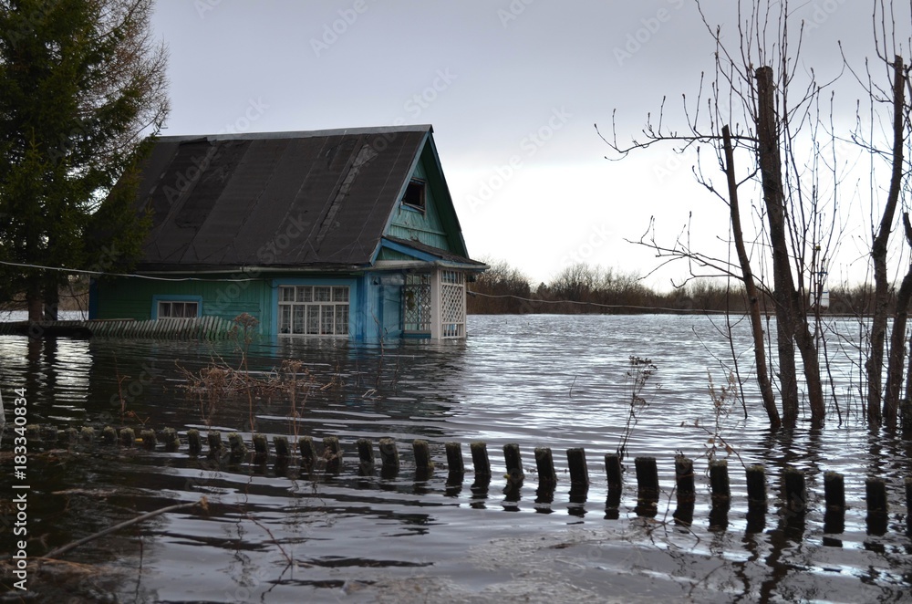 Fototapeta premium Наводнение в деревне,затопило дом,катастрофа,стихия,река,уровень воды