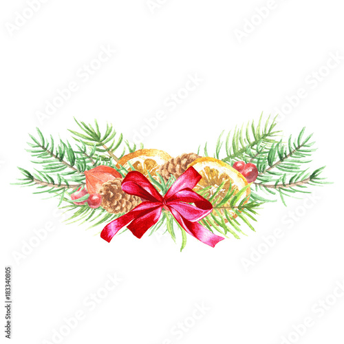 Watercolor hand drawn Christmas bouquet, fir branches with red bow, citrus and berries, isolated on white background. Winter holidays festive design.