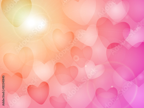 Sweet and beautiful background vector and illustration for Valentine, Love and wedding concept with soft white color heart and pastel pink, orange and yellow color background with flare light