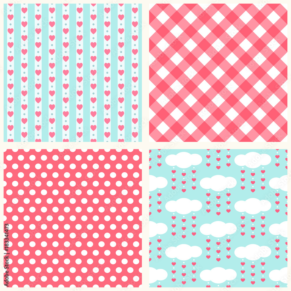 Set of cute retro primitive seamless patterns with hearts, polka dots and gingham Set of cute retro primitive seamless patterns with hearts, polka dots and gingham