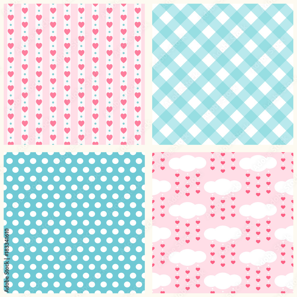 Set of cute retro primitive seamless patterns with hearts, polka dots and gingham Set of cute retro primitive seamless patterns with hearts, polka dots and gingham