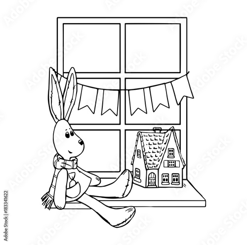 Illustration of sitting on the windowsill of the toy bunny with gingerbread house. Window with flags garland. Illustration for holyday season, greeting cards, banners. Bunny sitting on the windowsill/