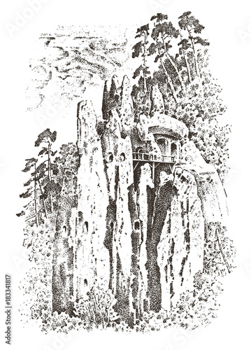 Rural church on the mountain or cliff. rustic monastery. engraved hand drawn in old sketch and vintage style for menus. scenery field background Sviatohirsk City on the banks of Seversky Donets River