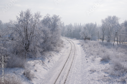 Scenic view of railway along snowy trees © haidamac
