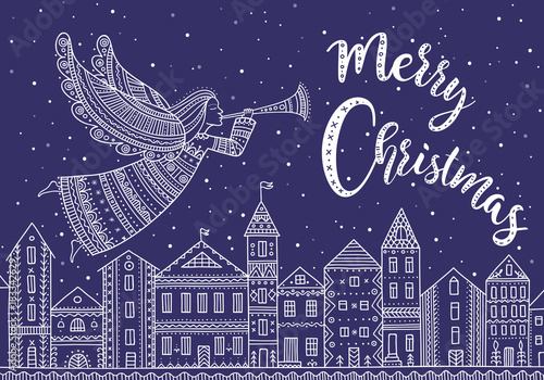 Merry Christmas angel with horn  flying above night city